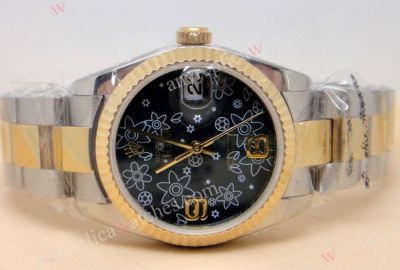 Replica Rolex Datejust watch - Two Tone Oyster Black Flower Dial